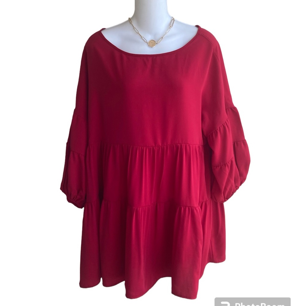 Red Tiered Tunic Blouse Top Ladies Large Boutique 3/4 Sleeves Flowy Oversized